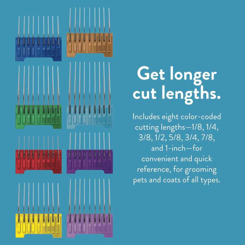 Wahl Stainless Steel Comb Set, Coloured Attachment Combs, For Wahl Arco, Belisima, Bravura and Chromstyle, Clipper and Trimmer Accessories, Storage Caddy Stainless Steel Comb Attachments