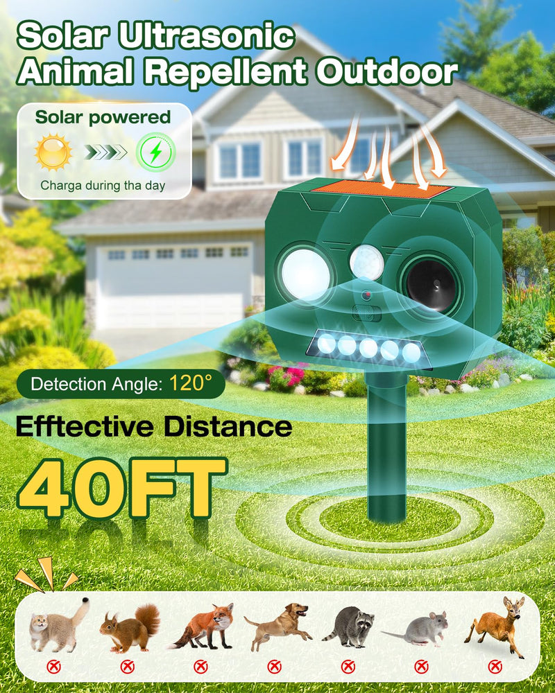 Solar Ultrasonic Animal Repellent Outdoor, 2 Pack Cat Repellent Outdoor Deer Repellent Devices with PIR Motion Sensor ＆ LED Flash, Waterproof Squirrel Repeller, Cat, Raccoons, Rabbits, Deer, Skunk 1 Count (Pack of 2) - PawsPlanet Australia