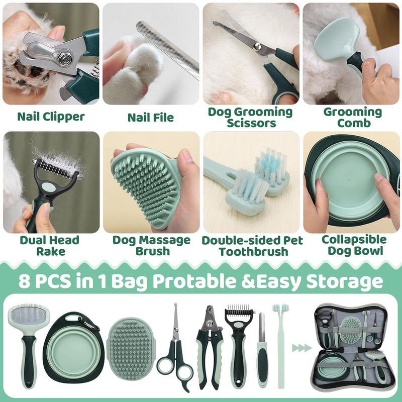 8-in-1 Pet Grooming Kit for Dogs & Cats - Includes Slicker Brush, Nail Clippers, Comb, Scissors, Toothbrush & Collapsible Bowl - Deshedding, Hair Trimming & Care Set, Travel Bag - PawsPlanet Australia
