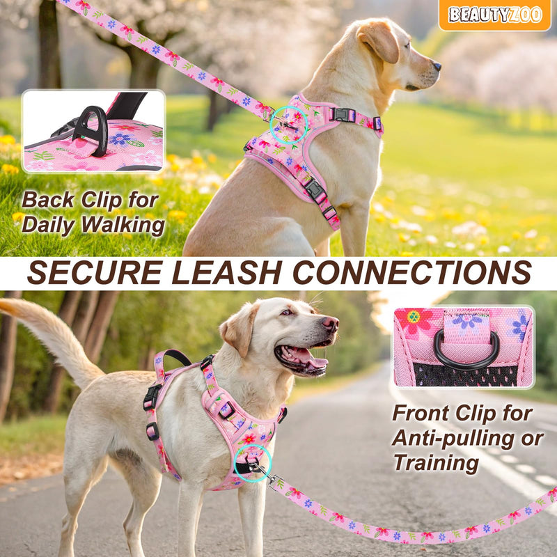 BEAUTYZOO No Pull Dog Harness and Leash Set with 2 Metal Leash Clips - Overhead-Free 3 Snap Buckles Design, Adjustable No-Choke Soft Padded Reflective Oxford Pet Vest for Small Medium Large Dogs, M M: chest 16"-28" Pink Flower - PawsPlanet Australia