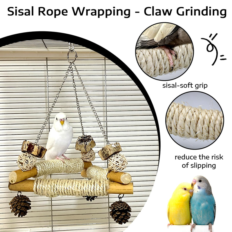 Bird Swing for Cage with Chew Toys, 3 Sisal-Wrapped Parrot Perches & Stable Triangle Design, Wooden Hanging Parakeet Toys Swing for Cockatiel Lovebirds Conures Quaker Balance Training - PawsPlanet Australia