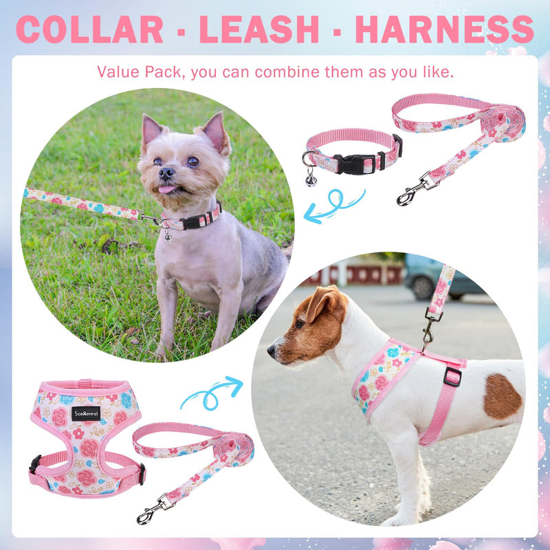 SCENEREAL Small Dog Harness Collar and Leash Set, Adjustable No Pull Pet Harnesses, No Chock Soft Mesh Step in Vest for Doggie Puppy Medium Dogs Cats Girl or Boy,Chihuahua, Yorkie, Outdoor Walking Pink-Floral (With Collar) S: Chest Girth: 14"-18" - PawsPlanet Australia