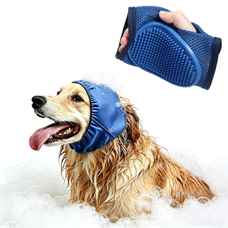 2 Pcs Pet Ear Muffs and Grooming Gloves, Swimming Waterproof Dog Ears Caps, Wearable Glove Design Shampoo Scrubber for Cat, Dehairing Brush for Most Cats, Dogs (M) M