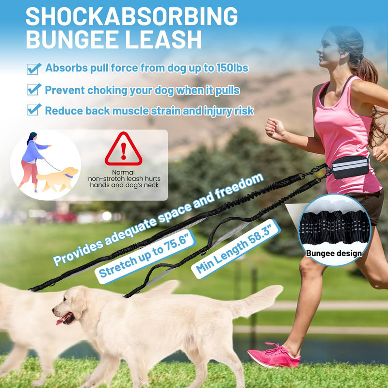 Hands Free Double Dog Leash No Tangle, Waist Leash for Dog Walking, Retractable Dog Leashes for Medium and Large Breeds-Pouch & Lumbar Support, Adjustable Waist Belt, Retractable Bungee,Padded Handles - PawsPlanet Australia