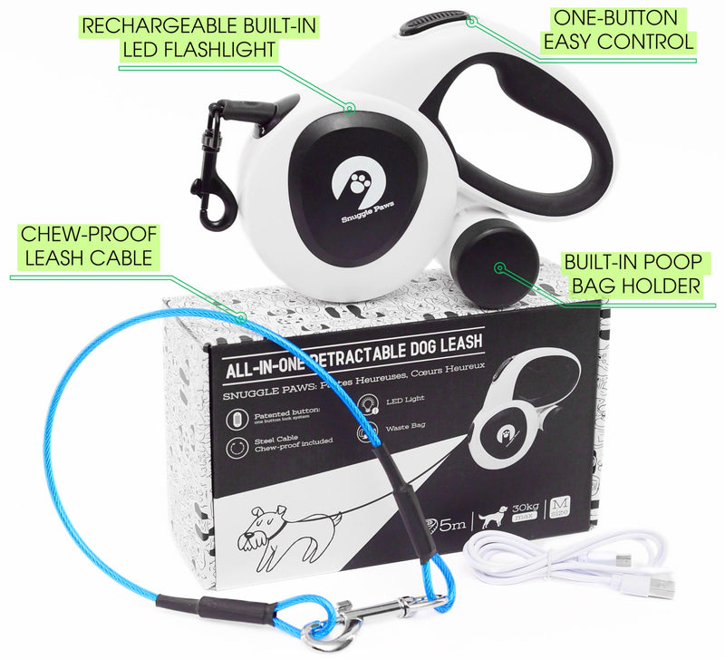 Snuggle Paws All-in-One 16 ft Retractable Dog Leash with Light LED, Dog Poop Bag Holder, Chew Proof Dog Leash, Dog Waste Bags | Leash for Dogs up to 66 lbs - PawsPlanet Australia