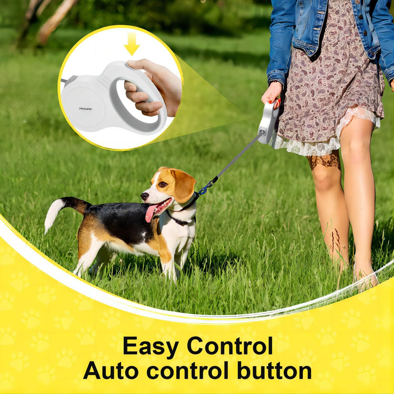Retractable Dog Leash, Anti-Slip Rubberized Handle, 16FT Strong Nylon Tape Up to 110lbs, 360° Tangle Free, White - PawsPlanet Australia