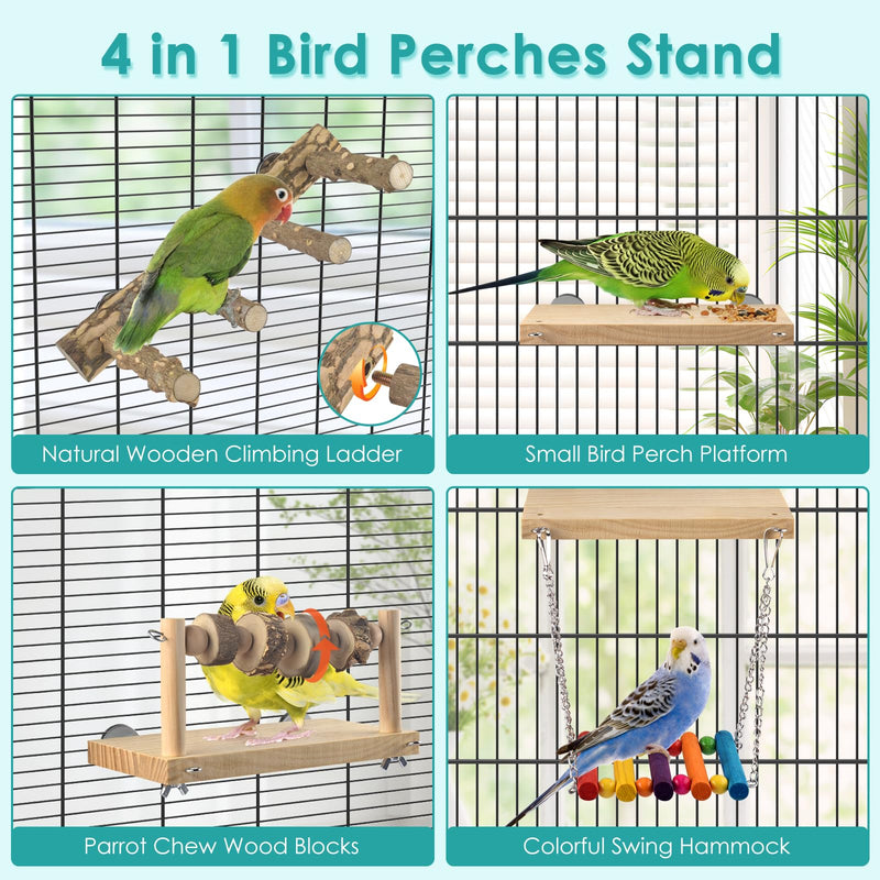 4 Pcs Bird Perch with Swing, Parrot Perches Platform with Chew Blocks, Natural Climbing Ladder Bridge Colorful Hammock for Budgies, Cockatiels, Lovebirds, Finches 4 in 1 - PawsPlanet Australia