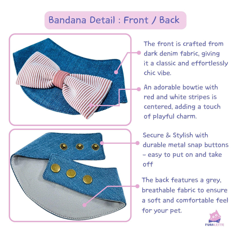 Denim Dog Bandana – Striped Bowtie, Soft & Durable Pet Scarf with Adjustable Metal Snap Buttons for Dogs & Cats (Red, Medium) Red