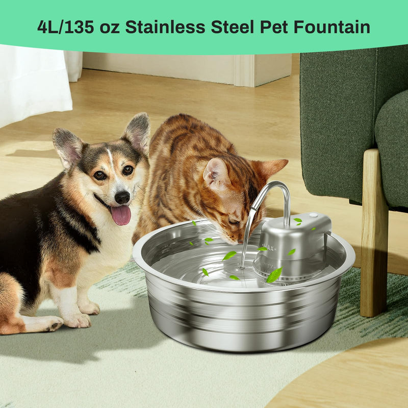 Cat Water Fountain, 4L/135OZ Stainless Steel Pet Fountain Dog Water Dispenser Bowl Cat Drinking Fountains Watering Supplies with Ultra-Quiet Pump for Cats, Dogs, Multiple Pets Indoor - PawsPlanet Australia