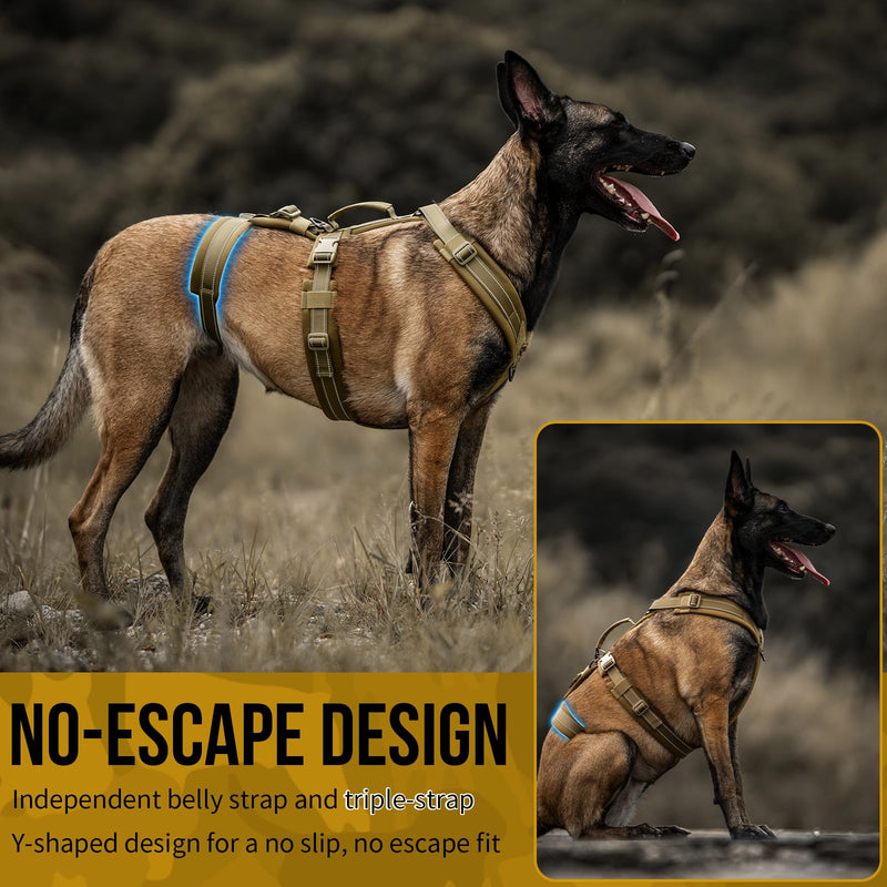 OneTigris Dog Harness No Pull, Adjustable Tactical Harness with Soft Padding, Y-Shaped Reflective Easy Walk Dog Harness for Medium and Large Dogs Brown X-Large - PawsPlanet Australia