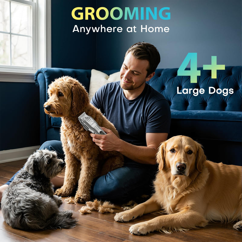 Dog Clippers for Grooming Thick Hair, Upgrade Low Noise Pet Shaver with 8 Size Detachable Combs for Heavy Curly Hair, Rechargeable Metal Blade Clipper Grooming Kit for Dogs Animals (Silvery) Silver
