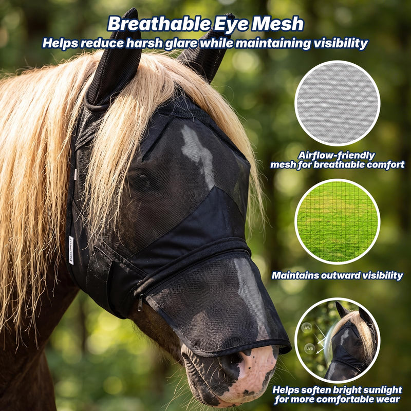 Horse Fly Mask with Ears and Detachable Nose Cover, UV Protection Breathable Mesh Equine Mask for Turnout & Training, Extra-Wide Strap for Sensitive Eyes, Adjustable (Black, L-Horse) BLACK