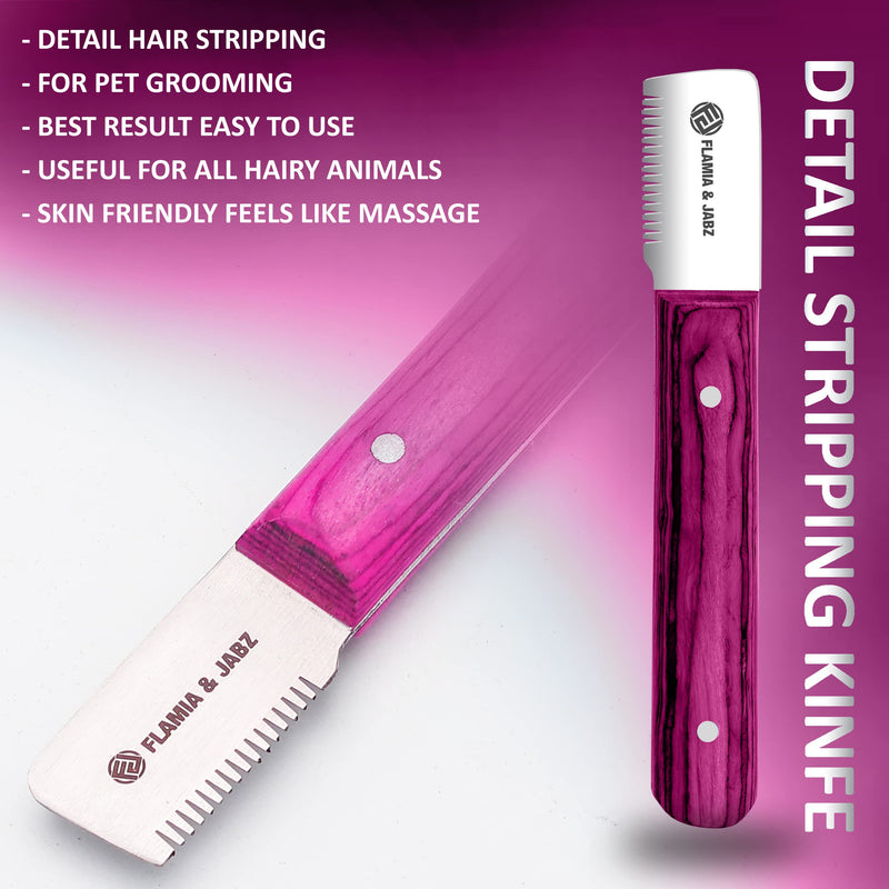 FLAMIA & JABZ FJ Professional Stripping Knife kit (6 pieces set) for Dogs & Pets, Wooden Handle Grip with Stainless Steel Blade (Right handed) (Pink) Pink - PawsPlanet Australia