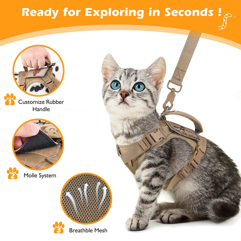 Tactical Cat Harness and Leash Set for Walking Escape Proof, Adjustable Large Cat Vest Harness with Molle Patches, Soft Mesh Padding, Rubber Handle Easy to Control Khaki - PawsPlanet Australia
