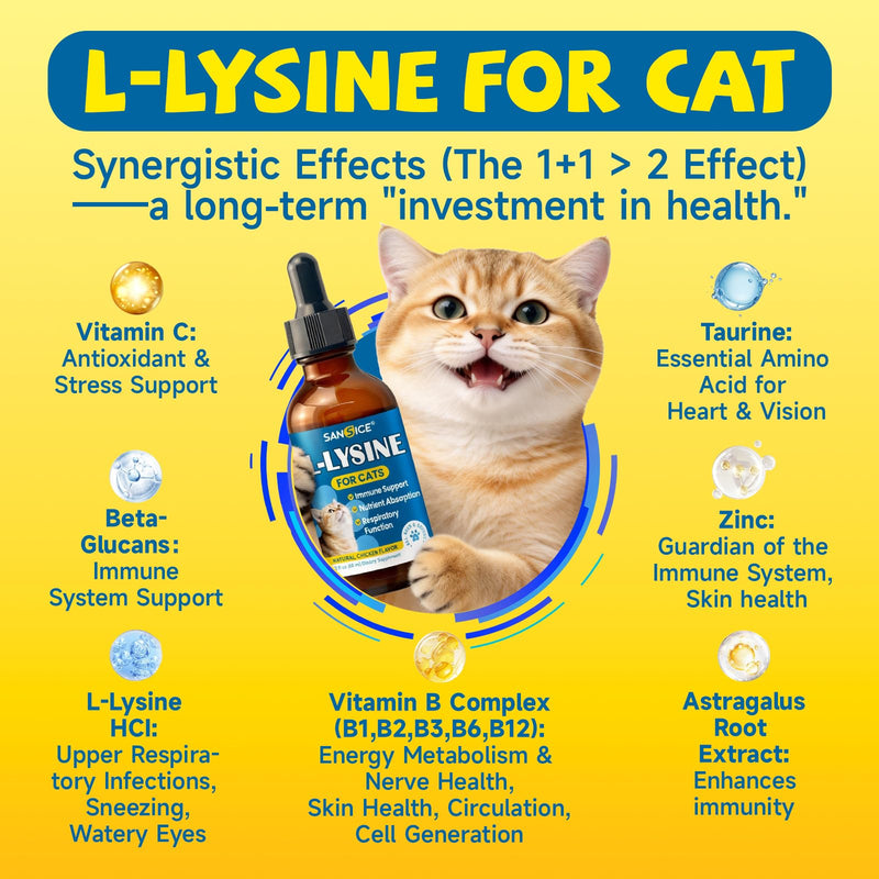 L-Lysine Supplement for Cats Immune Support, Cats Lysine Drops for Feline Respiratory, Sneezing, Runny Nose, Eye Function, Natural Strengthen Defenses-Natural Chicken Flavor, 2FL oz