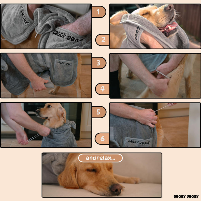 SOGGYDOGGY® US: Luxury Dog Bathrobe, Super Absorbent Microfiber Dog Bath Supplies, Fast Dry in Minutes, Thick & Soft Robe - Pet Grooming, Wash & Pet Hair Dryer - All-Season Dressing Gown (M) Gray M (17-24in) - PawsPlanet Australia