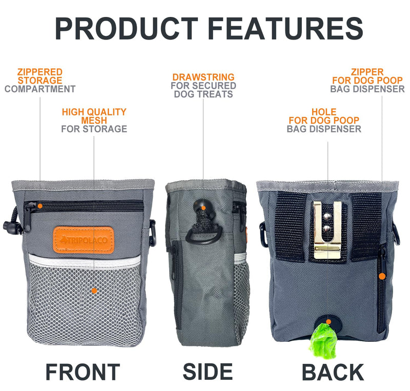 Dog Treat Pouch, Versatile Treat Pouches for Pet Training Easily Holds 2 Cups Kibble, Toys, Phone & Keys, Dog Treat Bags Training Pouch Built-in Poop Bag Dispenser for Walking, Gray Grey Bag Only - PawsPlanet Australia