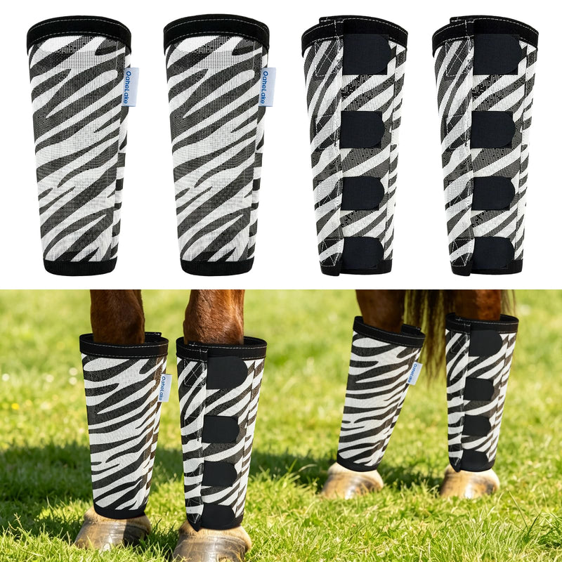 Zebra-Print Horse Fly Boots Set of 4, Soft Top Loose Fitting Leggings for Horses, Zebra Pattern Style Design, Equine Breathable Adjustable 4 Leg Wraps Socks, Reliable Leg Guards for 4 Legs Zebra set of 4
