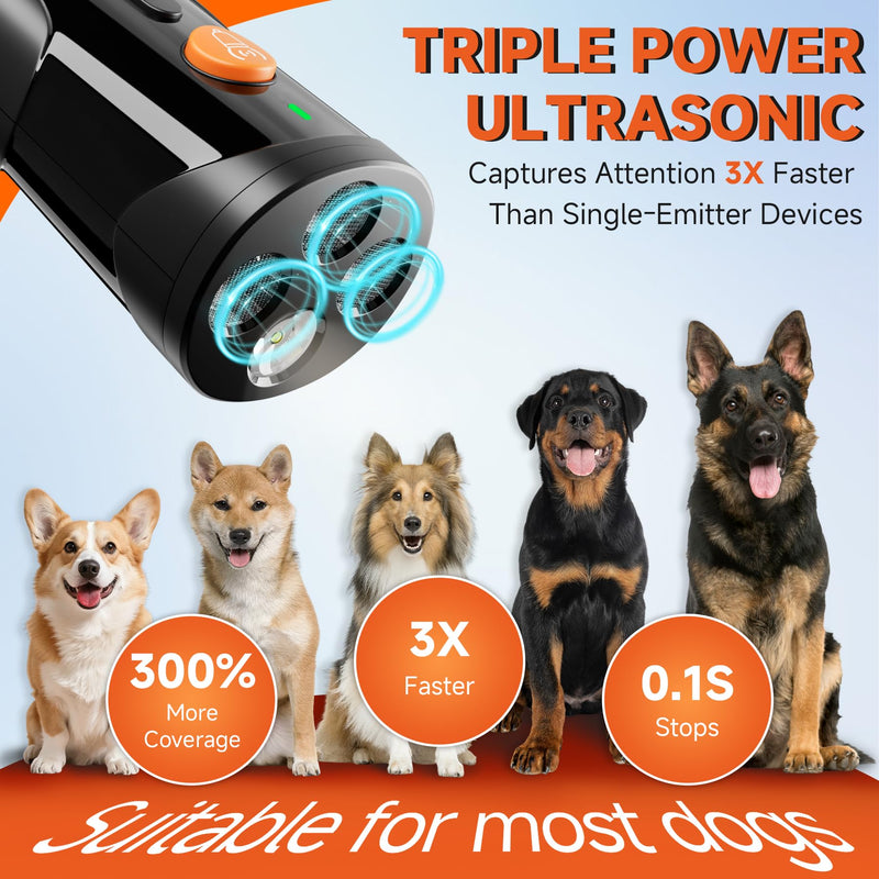 Dog Bark Deterrent Device, 3X Ultrasonic Anti Barking Device 6 Modes Dog Trainer Rechargeable & Portable Safe Bark Control Indoor Outdoor for All Dogs with LED Flashlight - Black