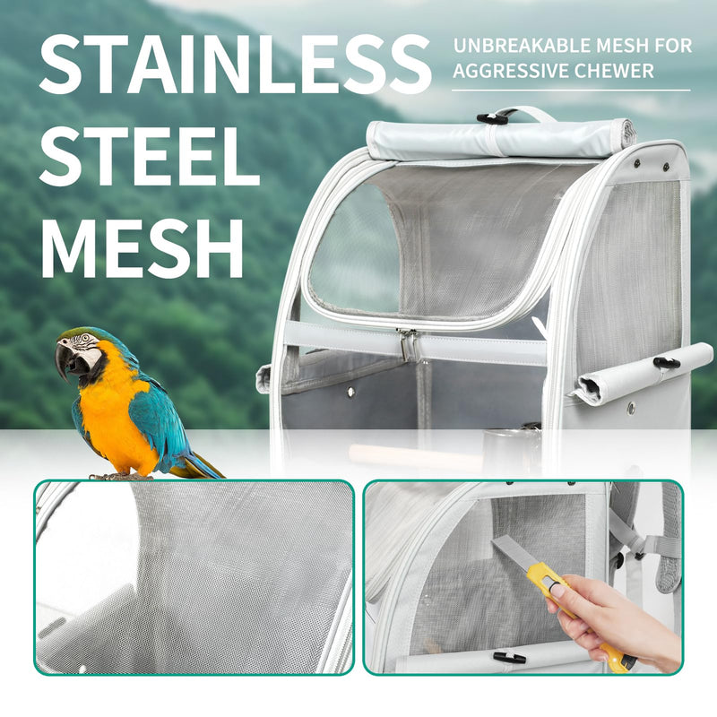 Bird Carrier Bag, Bird Travel Cage with Standing Perch and Indestructible Stainless Steel Mesh, Protable Transparent Breathable Carrier with Feeder Cups for Small Birds Parrot Parakeet, Grey L Gray