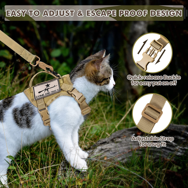 Tactical Cat Harness and Leash, Escape Proof Large Cat Walking Vest,Adjustable Soft Mesh Pet Vest Harness with Control Handle, Molle Patches Khaki