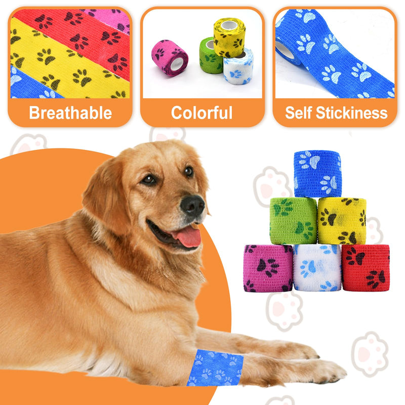 6 Roll 2 Inch x 5 Yards Paw Print Pet Vet Wrap for Dogs Cats, Cohesive Bandages in Bulk, Colorful Non-Woven Self Adhesive Bandages Wrap Roll for Pet Animals Wound Care, Ankle Sprains and Swelling - PawsPlanet Australia
