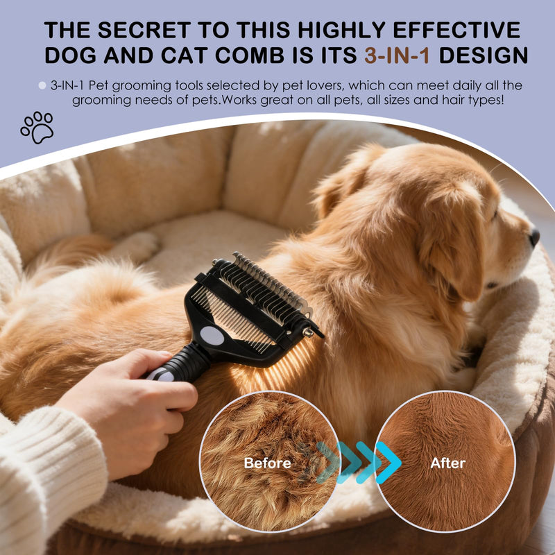 3-IN-1 Pet Deshedding and Grooming Tool, Grooming Brush for Dogs and Cats with Undercoat Rake & Dematting Comb for Matted Fur Removal Long and Short Haired Dogs Cats