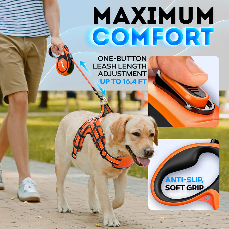New 2025 Retractable Dog Leash with Anti-Slip Soft Grip - 16,4 ft' Heavy Duty Reflective Nylon Tape Lead for Pets up to 110 lbs - Long Dog Leash with Anti-Twist Protection (Black/Orange) 51-110 LBS Black/Orange - PawsPlanet Australia