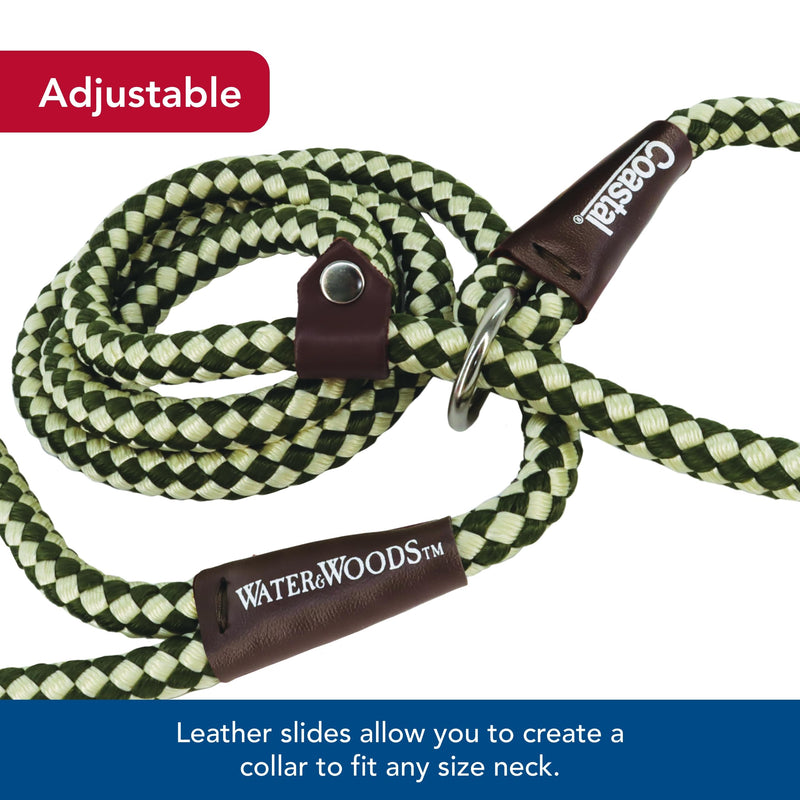 Water & Woods Braided Rope Dog Slip Leash by Coastal Pet - Heavy-Duty Dog Leash - Comfortably Accommodate Various Sizes - Easy Slip Design - Green & White, 1/2" x 6' - PawsPlanet Australia
