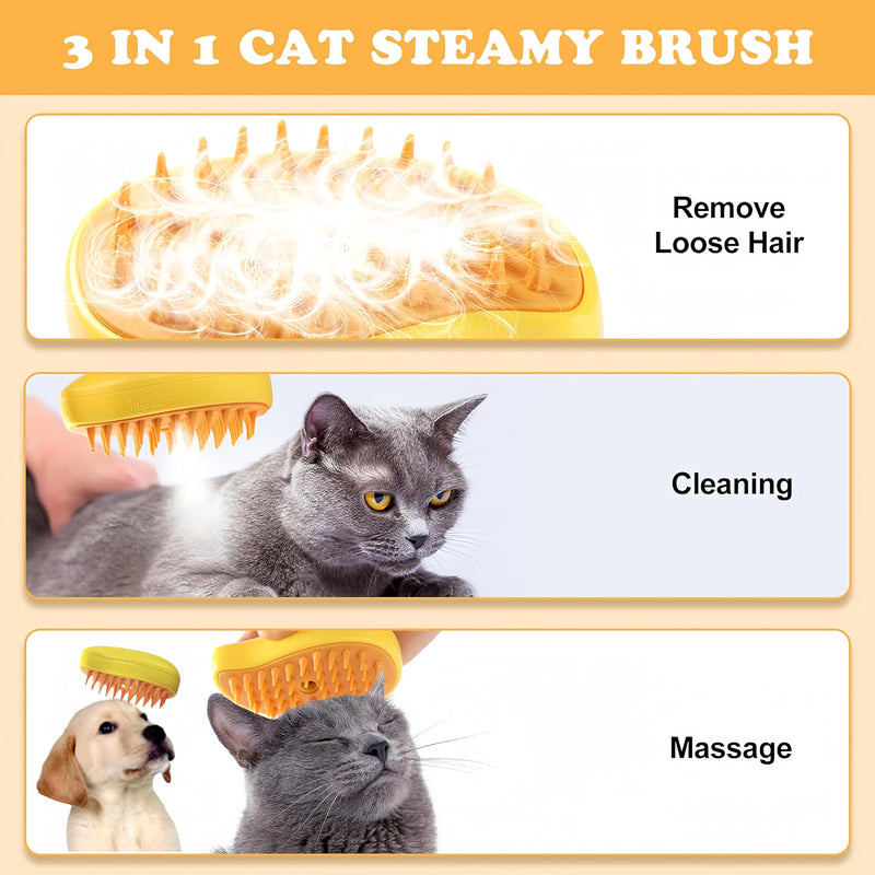 Cat Brush, Multifunctional Cat Steamy Brush, Self Cleaning Steam Cat Brush for Massage, Silicone Steam Pet Brush， for Removing Tangled And Loosse Hair ，Pet spray massage comb (Yellow) Yellow - PawsPlanet Australia