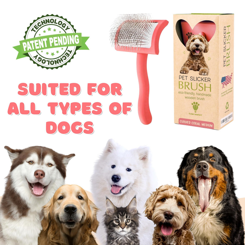 Pet Slicker Brush With Soft Massage Grooming Stainless Steel Pins - For Dematting, Shedding Fur, and Undercoat - Ideal Gift for Professional Pet Groomers - Long Slicker Brush (Coral, Flat Medium) Coral