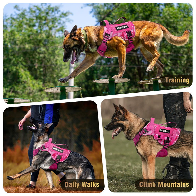 WINSEE Tactical Dog Harness for Medium Dog, Heavy Duty Service Working MOLLE Vest with 10 Pet Patches, 2X Metal Buckle Vest for Training Hunting Walking Camo Pink - PawsPlanet Australia