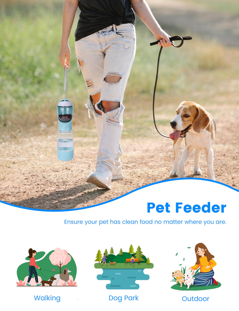 Dog Water Bottle, Portable Pet Travel Water Bottle with Food Container, Leak Proof Puppy Water Bowl Outdoor Dog Water Dispenser for Pets Outdoor, Travel, Walking(13oz) Blue 13oz - PawsPlanet Australia