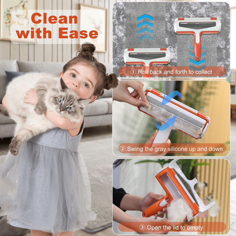 ACE2ACE Pet Hair Remover and Rollers,Lint Roller for Pet Hair，Reusable Fur Remover for Cats and Dogs, Animal Brushes Hair Removal, for Carpets, Clothes and Sofa Orange