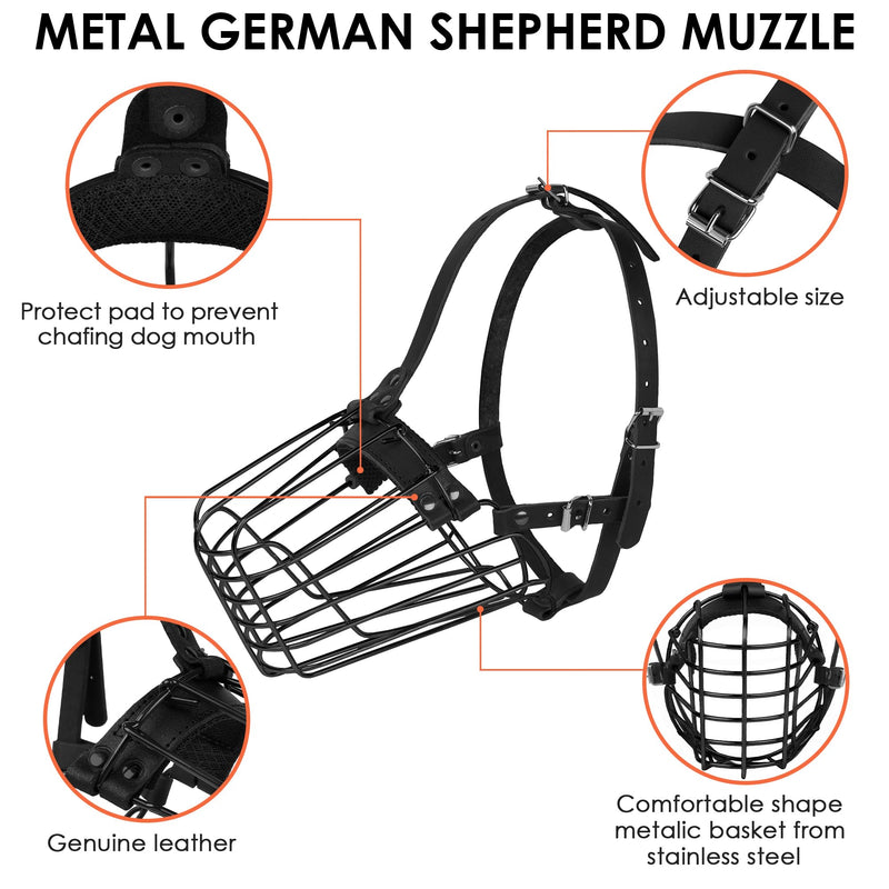 German Shepherd Dog Muzzle Metal Basket for Medium Large Dogs Adjustable Durable Leather Straps Secure Wire Mask for Biting Chewing Barking (Black, L - Size) Black - PawsPlanet Australia
