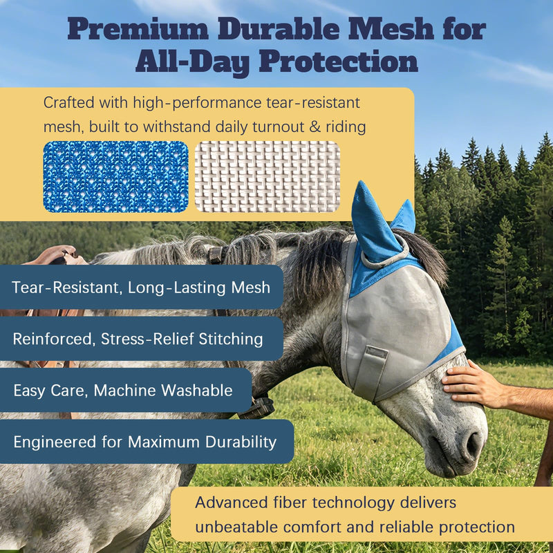 Horse Fly Mask with Ears, Breathable UV Protection Mesh, Large Eye Space No Rubbing, Soft Fleece Trim, Adjustable Comfort Fit, Lightweight Horse Mask for Summer Turnout (M) Medium