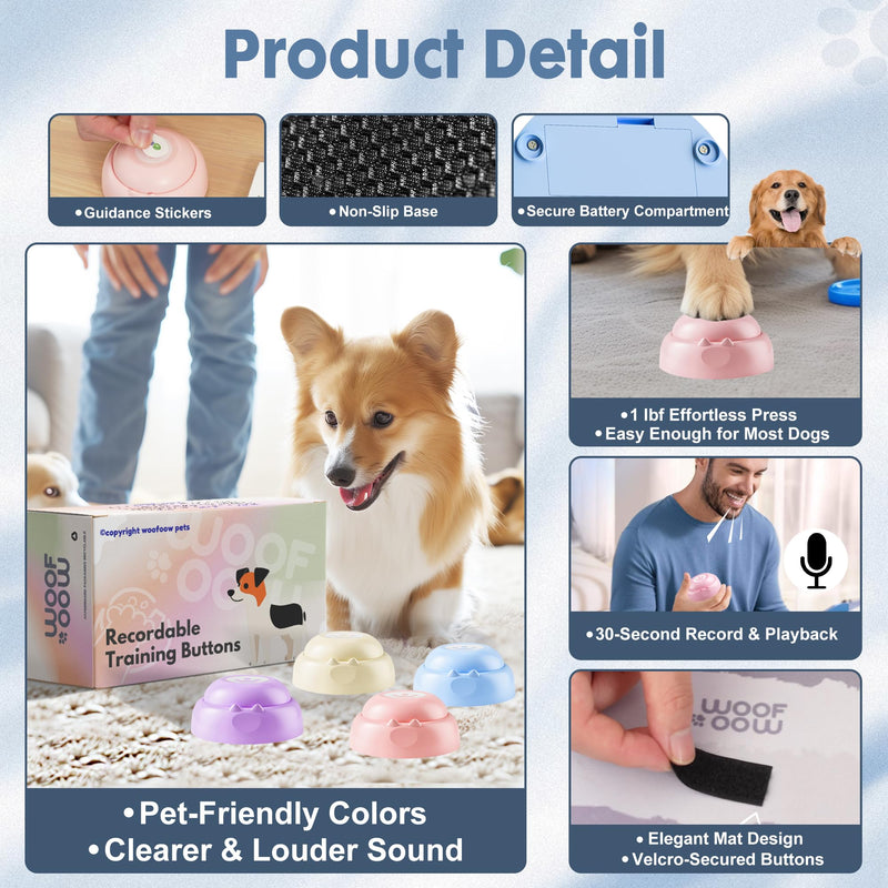 Recordable Dog Buttons, Loud 30-sec Voice Recording Buttons, Pet, Dog, Cat Buttons for Communication, Training and Talking Buttons for Small Dogs, with Mat, Training Manual, Stickers, 4 Buttons - PawsPlanet Australia