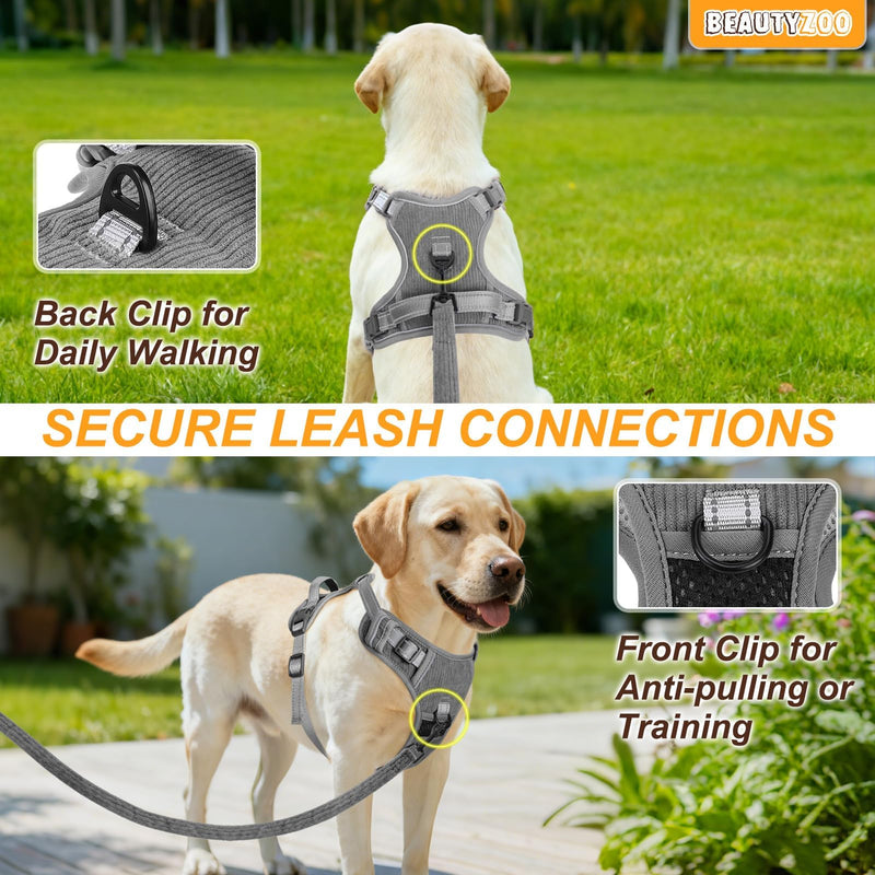 BEAUTYZOO No Pull Dog Harness Large, Adjustable Dog Harness and Leash Set -Easy Wearing with 3 Buckles/Control Handle,No Choke Soft Padded Reflective Pet Vest for Training Walking Hiking,Grey L L: chest 22"-33" Solid Grey - PawsPlanet Australia