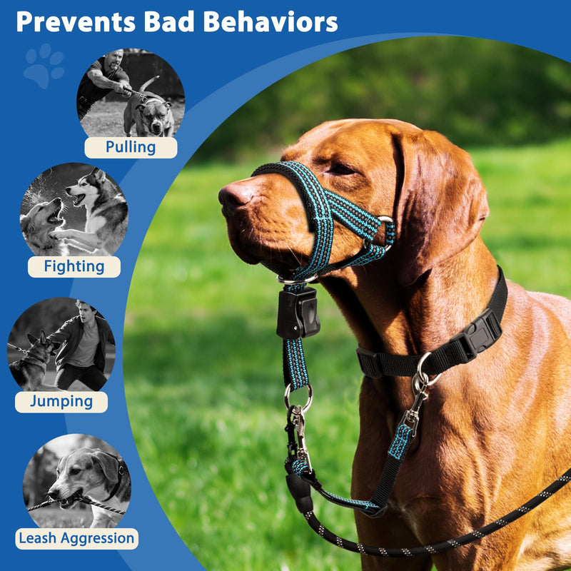 BARKLESS No Pull Dog Head Collar for Gentle Training Walking, Soft Padded Head Halter with Collar Safety Clip, Comfortable Fit Muzzle Leash with Reflective Strap for Medium Large Dog (Blue, XL) Blue XL (Snout 12"-17.5") - PawsPlanet Australia