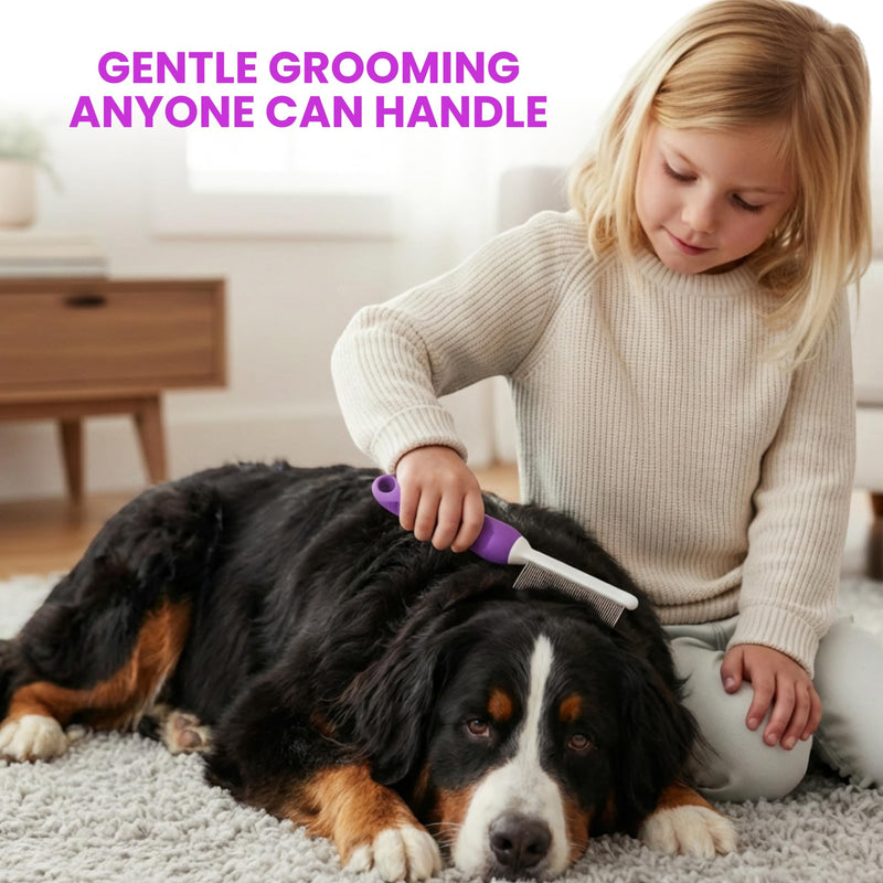 Poodle Pet Detangling Pet Comb with Long & Short Stainless Steel Teeth for Removing Matted Fur, Knots & Tangles – Detangler Tool Accessories for Safe & Gentle DIY Dog & Cat Grooming Purple