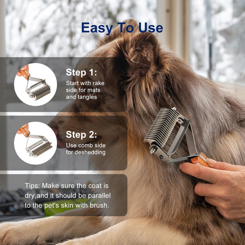 WePet 2-in-1 Dematting Comb & Shedding Brush, Undercoat Rake Grooming Tool with Wooden Handle for Dogs & Cats - Easily Removes Mats, Tangles, and Loose Hair - PawsPlanet Australia