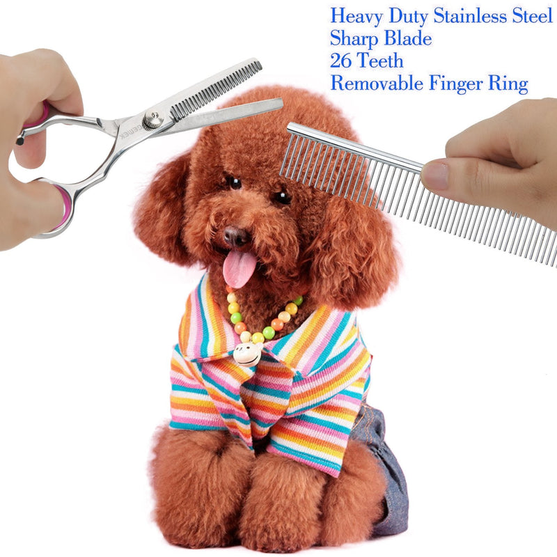 GEMEK Pet Cat Dog Grooming Scissors Set 4 Pieces Stainless Steel Professional Pet Trimmer Kit - 7.5 inch Straight Cutting, Thinning Shears, Curved, Grooming Combs Pink 5 in 1 - PawsPlanet Australia