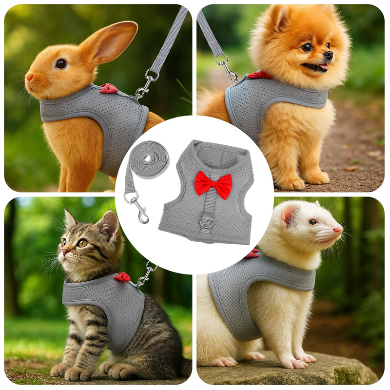 Rabbit Harness and Leash Set,Bunny Leash for Walking Escape Proof,Bunny Clothes with Cute Bow Mesh Breathable Adjustable Vest Rabbit Harness Camping Hiking Training for Ferret Kitten Puppy (Grey M) - PawsPlanet Australia