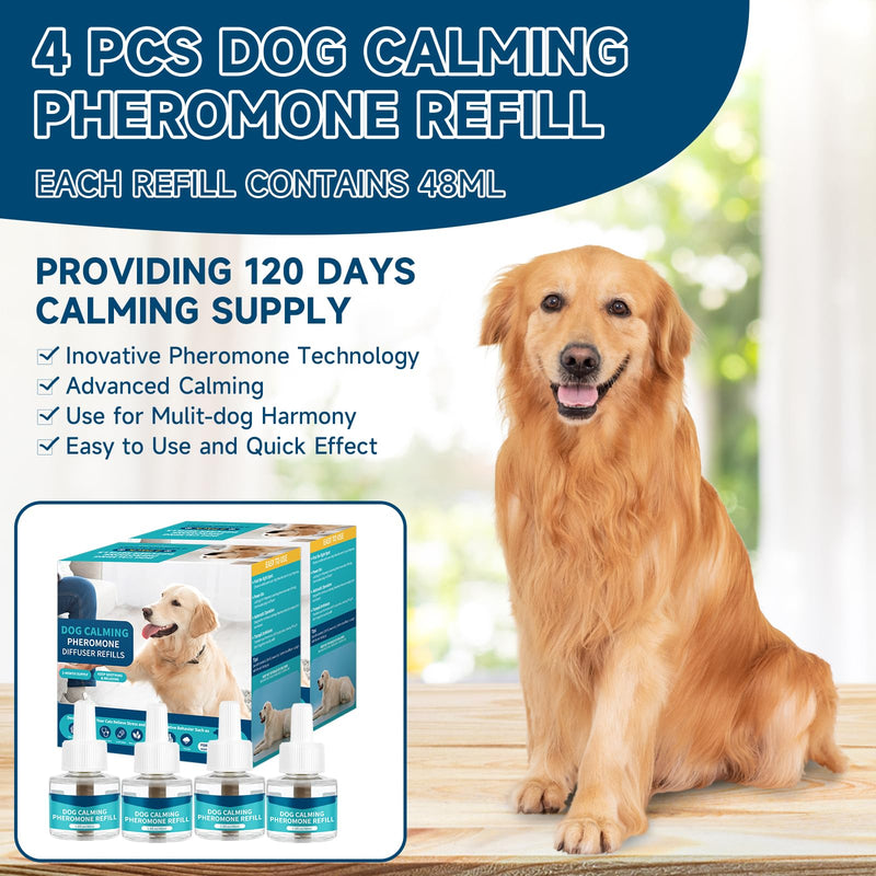 Dog Calming Diffuser Refills 4-pack, Dog Calming Pheromones Diffuser for Dog Pheromones Calming Refill, 120-Day Anxiety Relief Stress Appeasing Pheromone Diffuser Calm Dog, Fits All Common Diffuser 1.6 Fl Oz (Pack of 4)