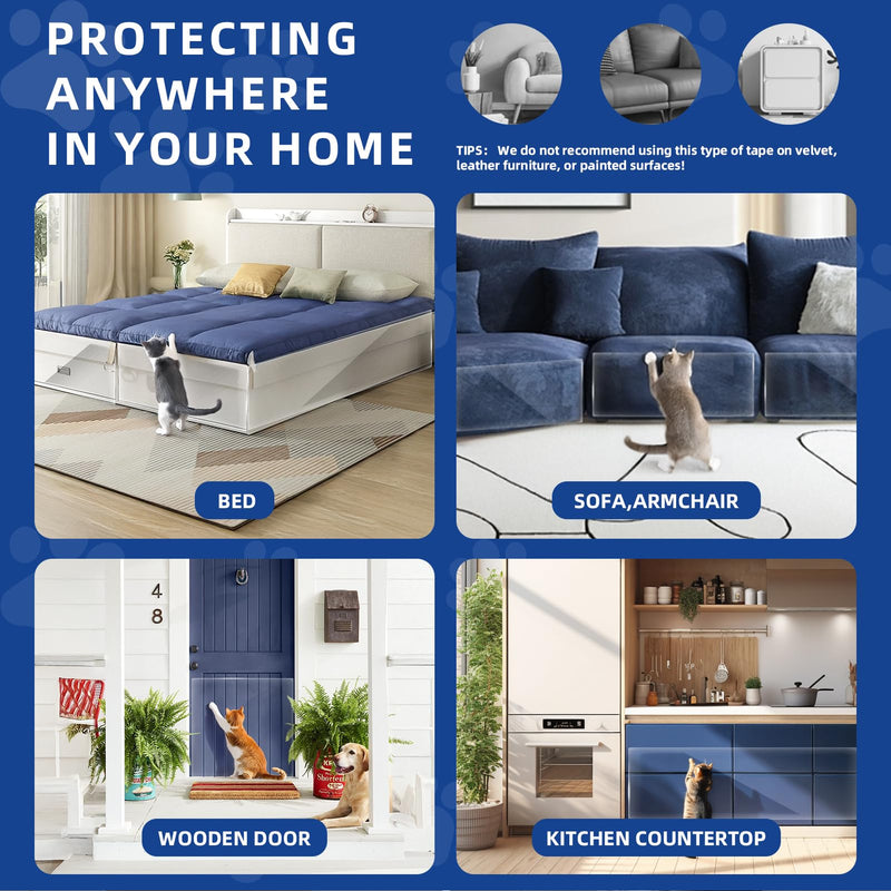 TOOSOFt Anti Cat Scratch Furniture Protector Clear Thicken Vinyl 196.9"x16.5" Couch Protector from Cat Claws - Single Sided Sticky Flexible Dog Tape for Furniture, for Couch Corner Door Walls Bed 196.9"x16.5" - PawsPlanet Australia