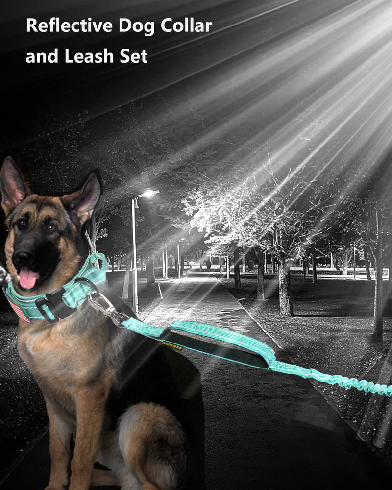 AUBELL Tactical Dog Collar and Leash Set, Reflective Adjustable Heavy Duty Military K9 Collars with Handle and Metal Buckle for Large Dogs, with Airtag Case and 2 Patches(Teal,L) L(17"-20.5") Teal Set - PawsPlanet Australia