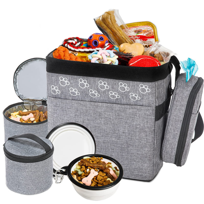 Dog Travel Bag with Treat Pouch, Airline Approved Dog Bags for Traveling, 2 Dog Food Travel Container, 2 Travel Bowls, Weekend Dog Travel Bag for Supplies, Dog Travel Kit Accessories Small Grey