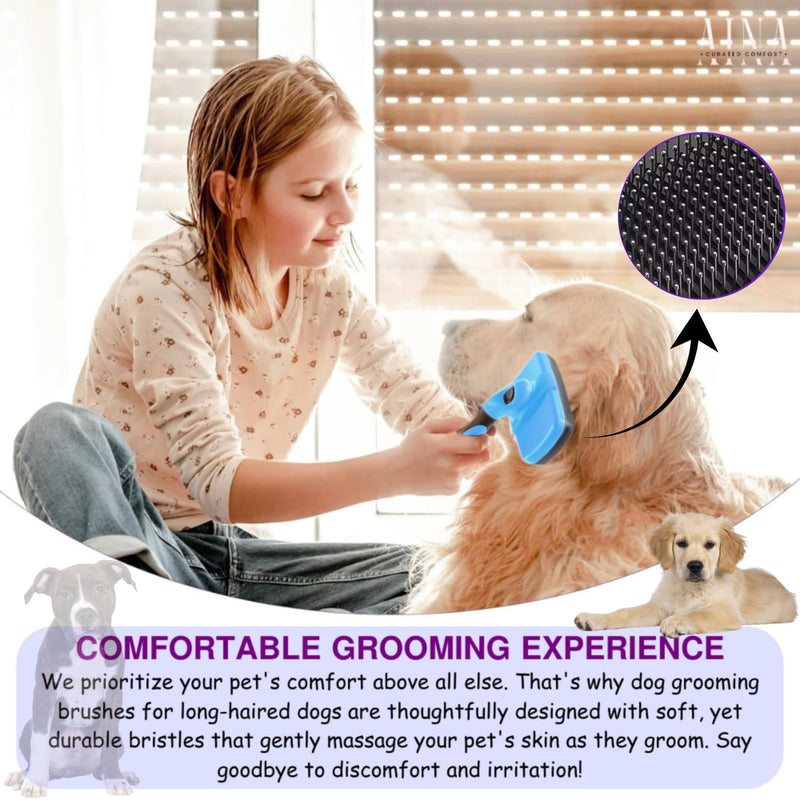 AINA Self-Cleaning Pet Grooming Brush | Pet Slicker Brush for Dogs & Cats Detangling & Fur Removal with Click Clean Button | Effective & Comfortable Pet Deshedding Brush, Perfect for Pet Grooming Small Light Blue - PawsPlanet Australia