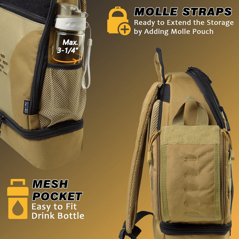 DBTAC DO MORE & BE MORE Tactical Pet Backpack for Small Dogs & Cats - Compact Travel Bag with Insulated Pocket, Detachable Food Container | Outdoor Hiking, Road Trip, Airplane Approved, Tan 10.5"L x 5.5"W x 15.5"H - PawsPlanet Australia