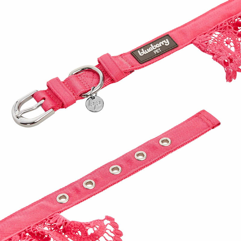 Blueberry Pet Floral Lace Adjustable Dog Collar in French Pink with Metal Buckle, Neck 13-16.5", for Medium Breed - PawsPlanet Australia